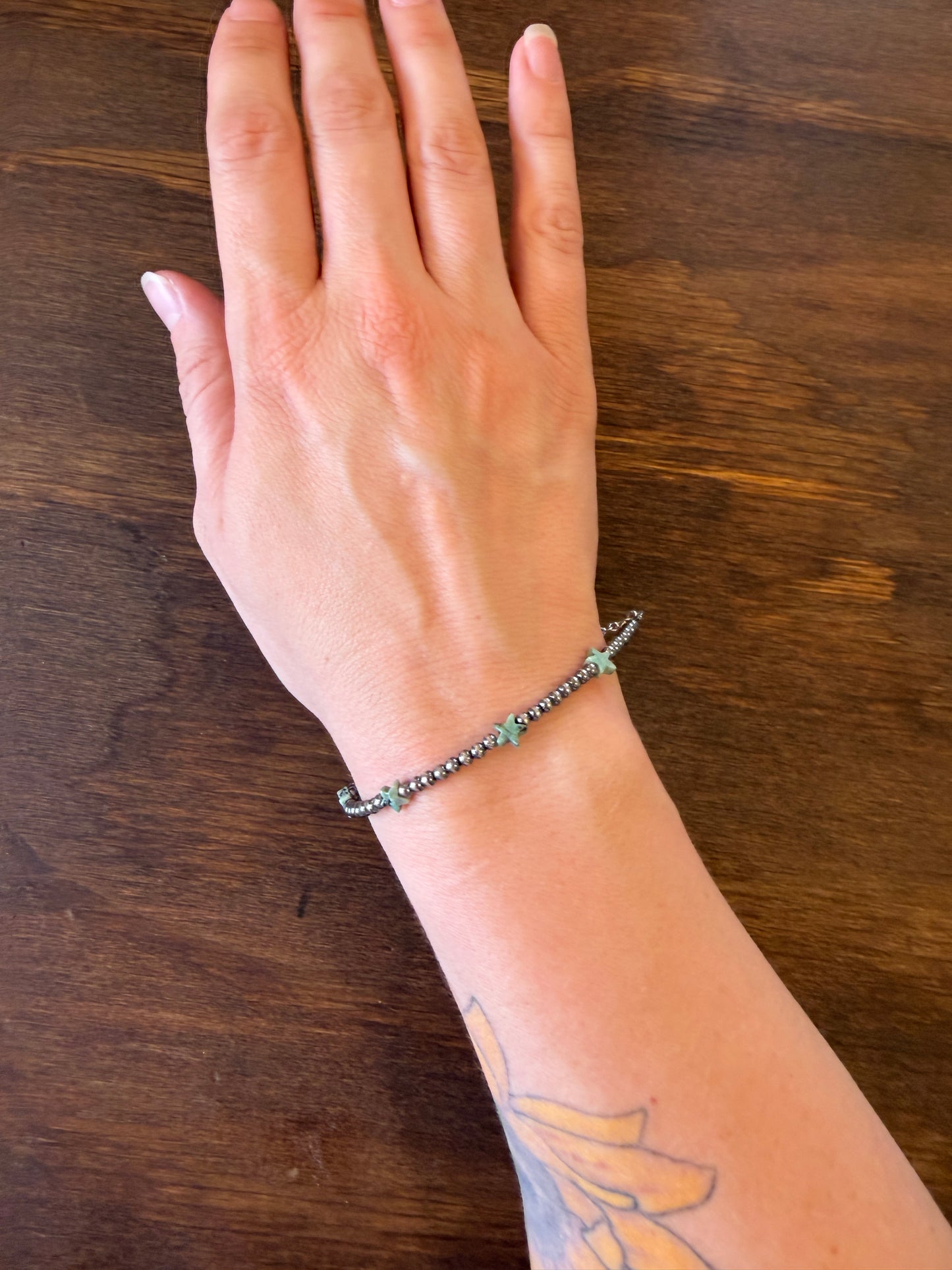New 3mm African turquoise star and silver pearl bracelet