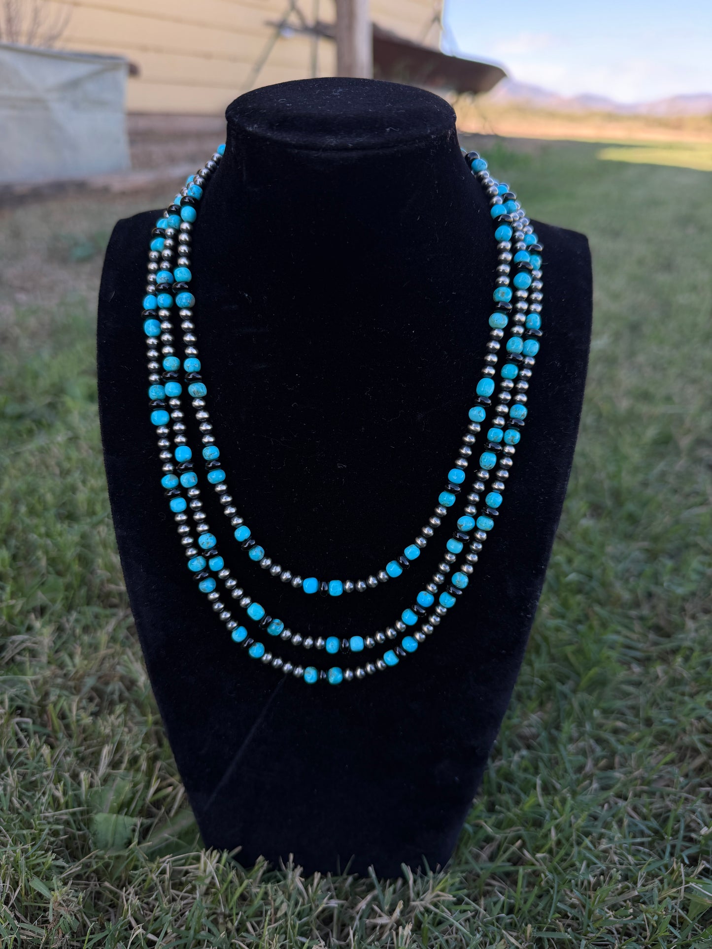 New turquoise and black onyx and 4mm silver pearls