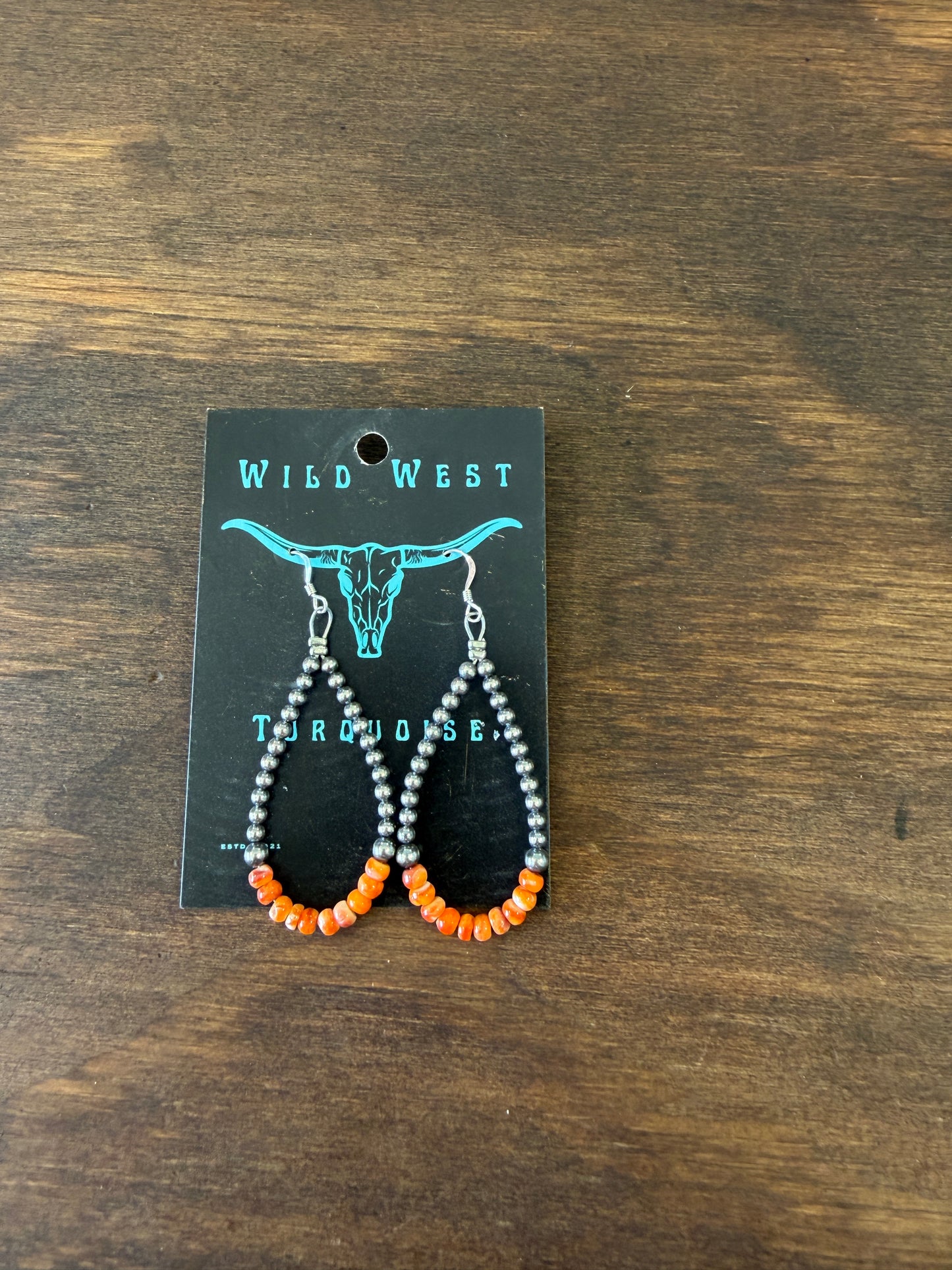 New 3mm silver pearl and orange spiny oyster teardrop dangle earrings