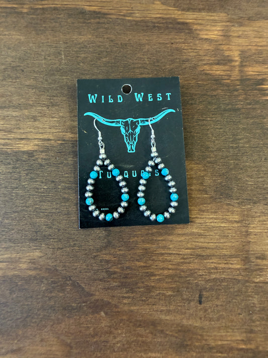 New medium 4mm turquoise and silver pearl teardrop hoop earrings
