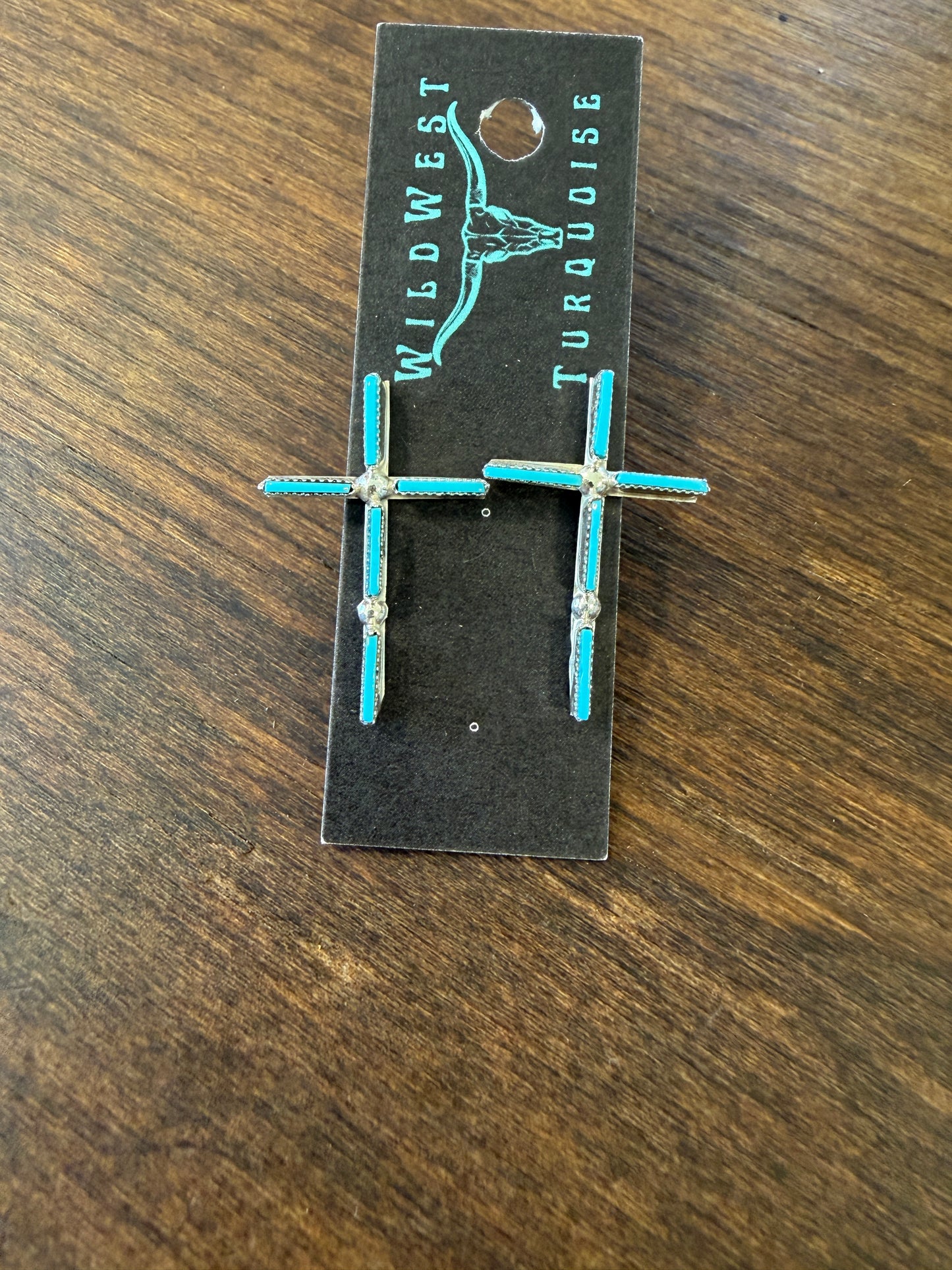 New medium turquoise needlepoint cross stud earrings