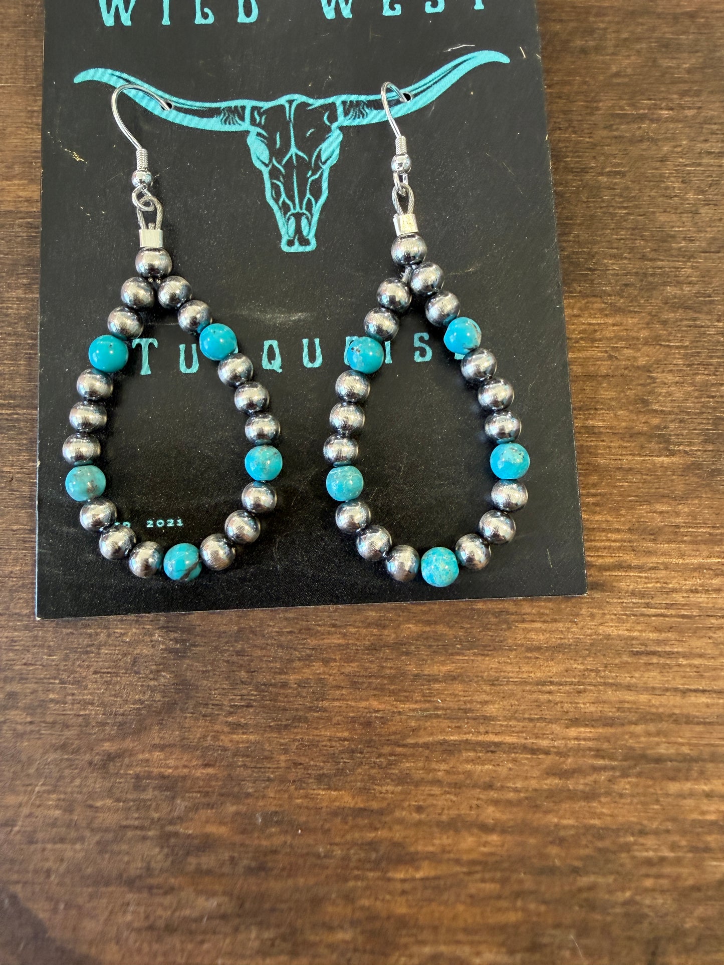 New medium 4mm turquoise and silver pearl teardrop hoop earrings