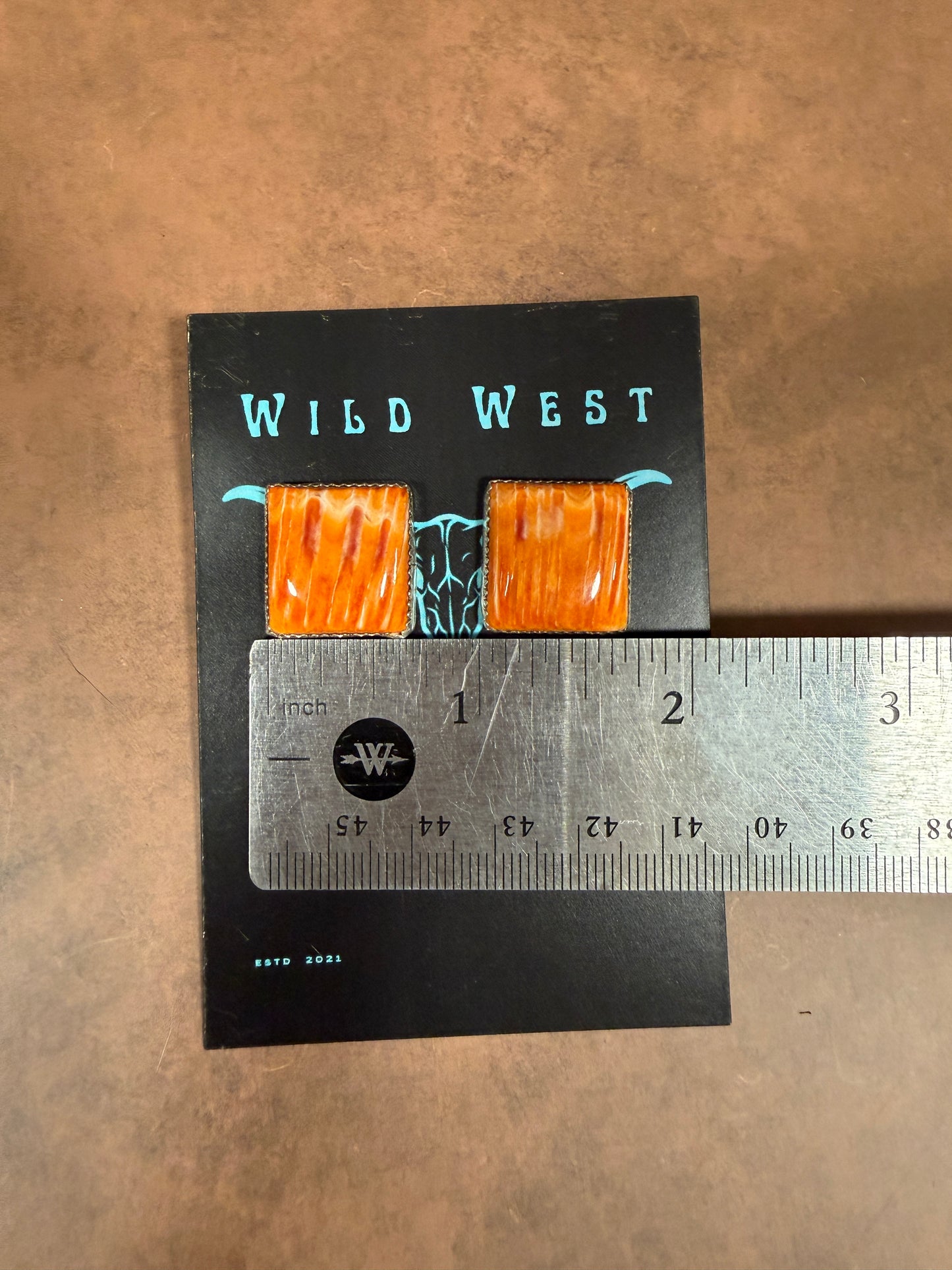 New large orange spiny oyster square stud earrings
