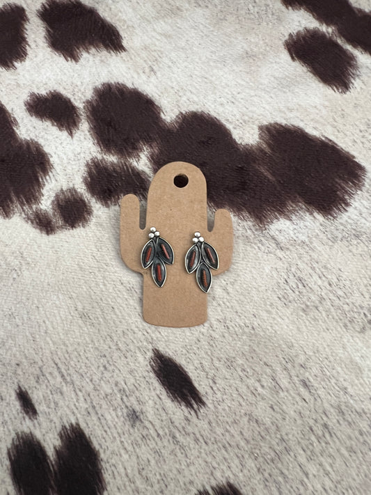 New red coral needlepoint shadow box stud earrings