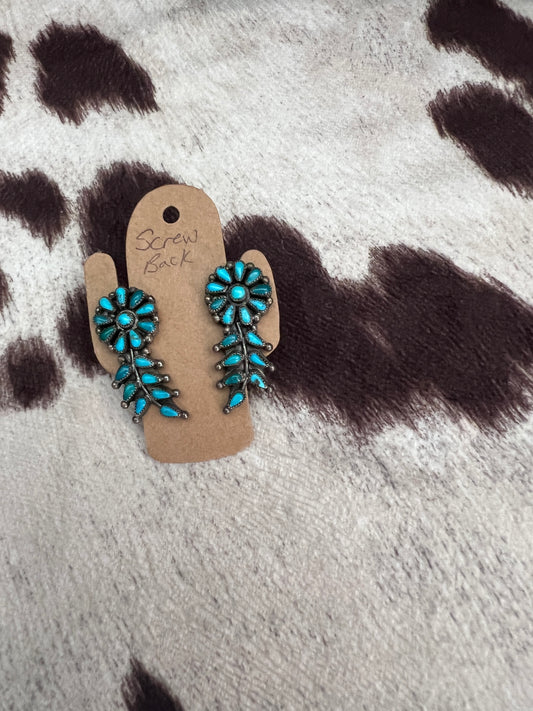 Vintage turquoise petit point and snake eye flower cluster earrings