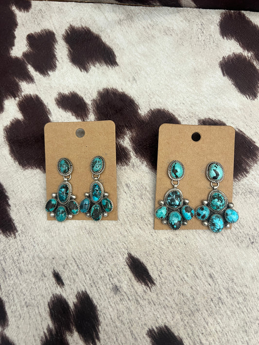 New large kingman turquoise cluster dangle earrings