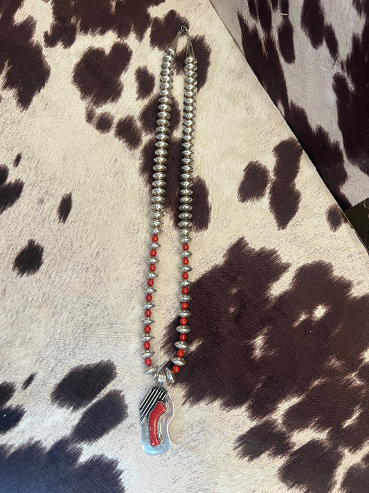 Vintage red coral and handmade Navajo pearl necklace with pendant