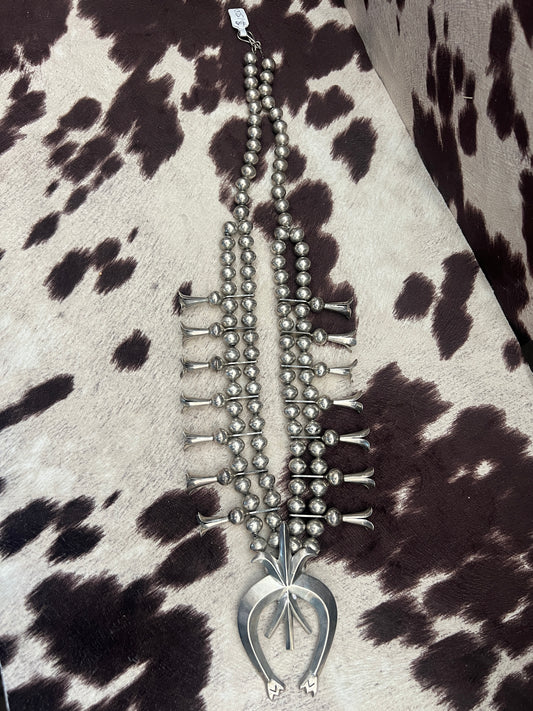 Vintage giant handmade Navajo pearl and sandcast squash blossom necklace