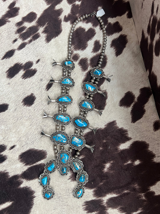 Vintage Morenci turquoise squash blossom with bench made pearls