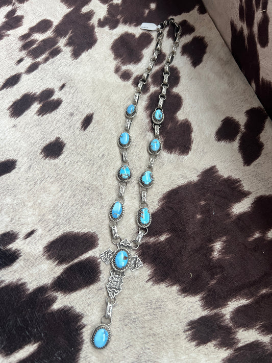 New golden hills turquoise concho style cross lariat handmade chain necklace