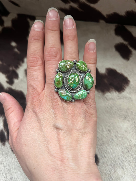 New large Sonoran gold turquoise cluster ring with stamped band