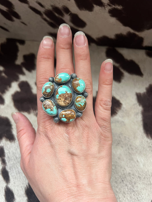 New large mine #8 turquoise cluster adjustable ring
