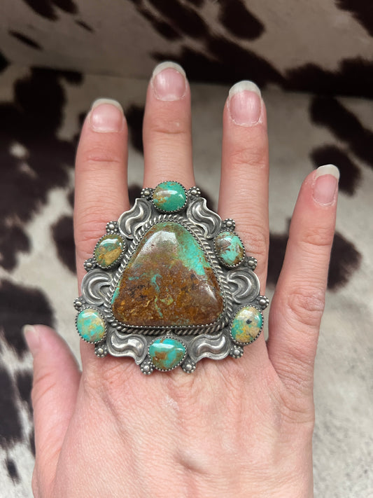 New giant cluster Royston turquoise thunderbird stamped statement ring