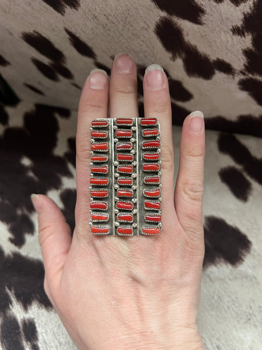 New giant multi row red coral statement ring