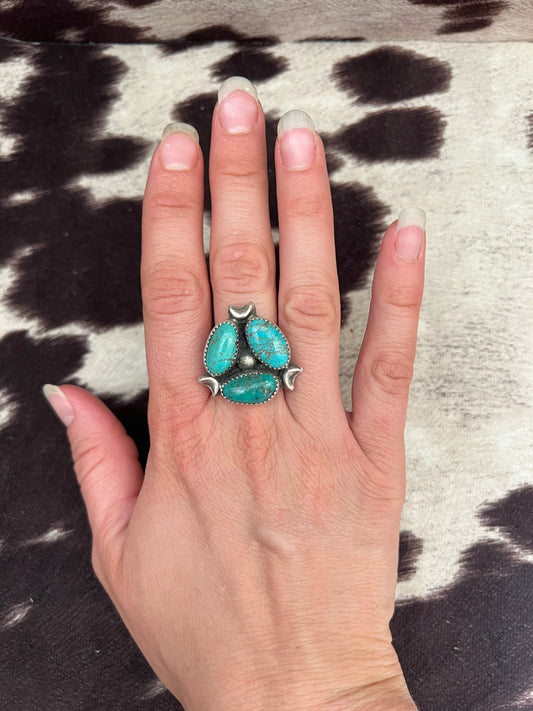 New turquoise cluster stamped band ring