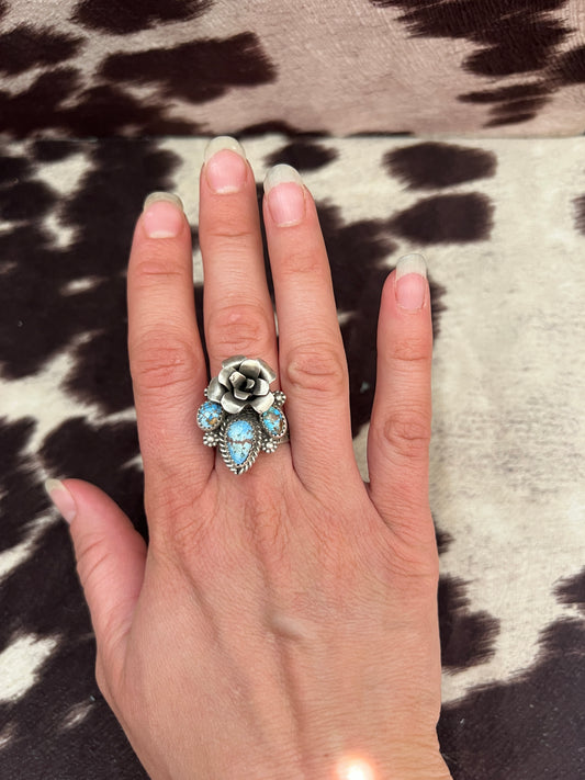 New golden hills rose cluster stamped band ring