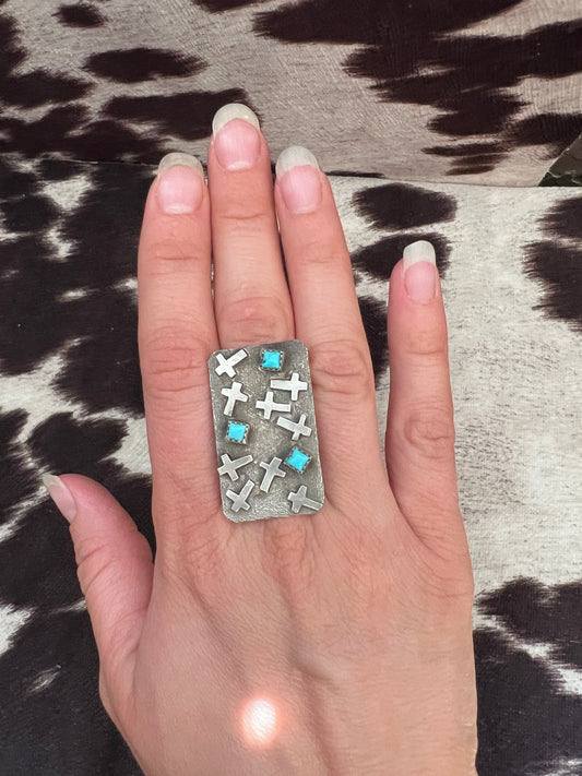New silver cross and turquoise concho style ring