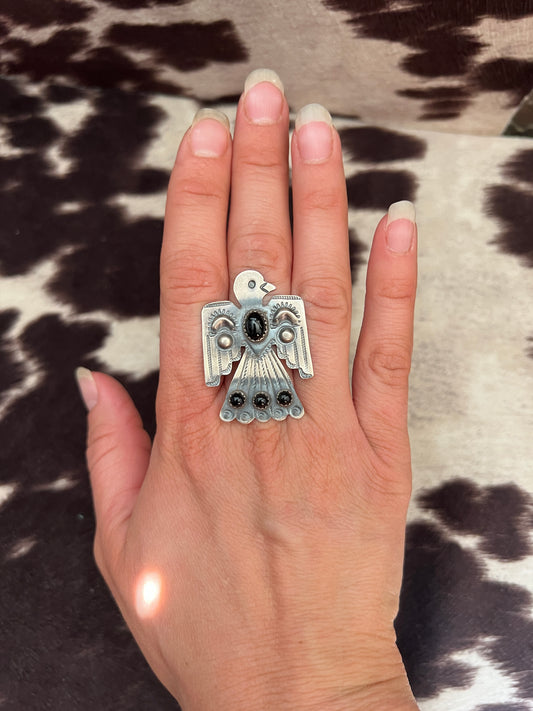 New black onyx thunderbird concho style ring