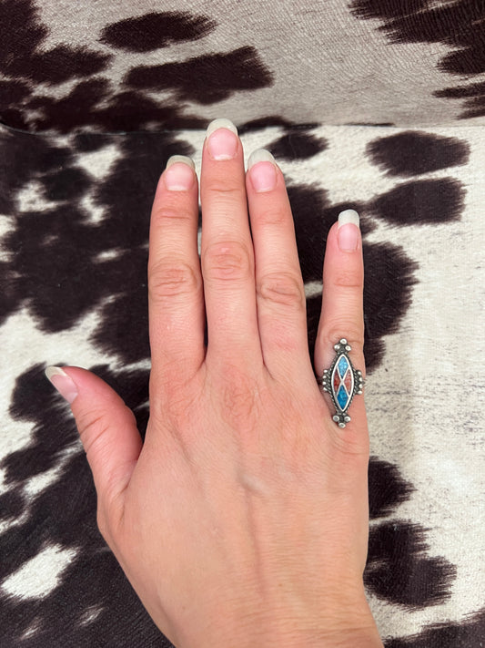 Vintage chip inlay turquoise and red coral ring