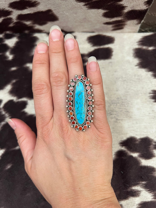 New turquoise and red coral Dishta style ring