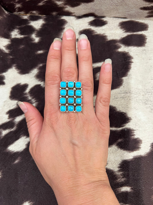 New square turquoise cluster ring