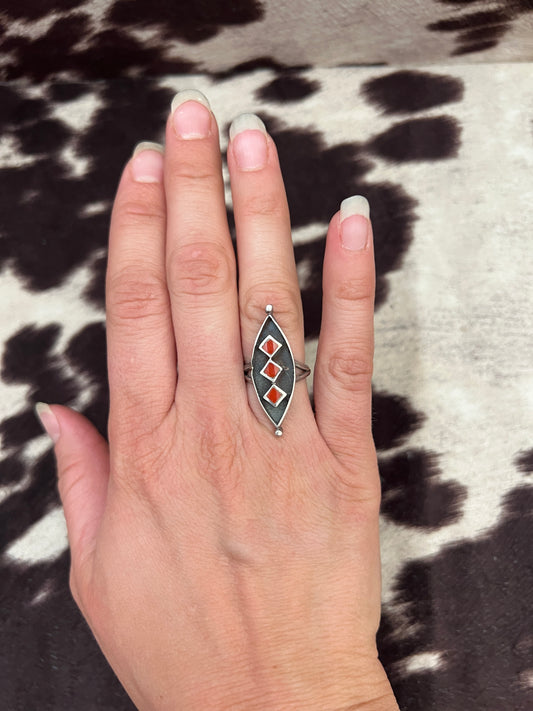 Vintage red coral inlay shadow box ring