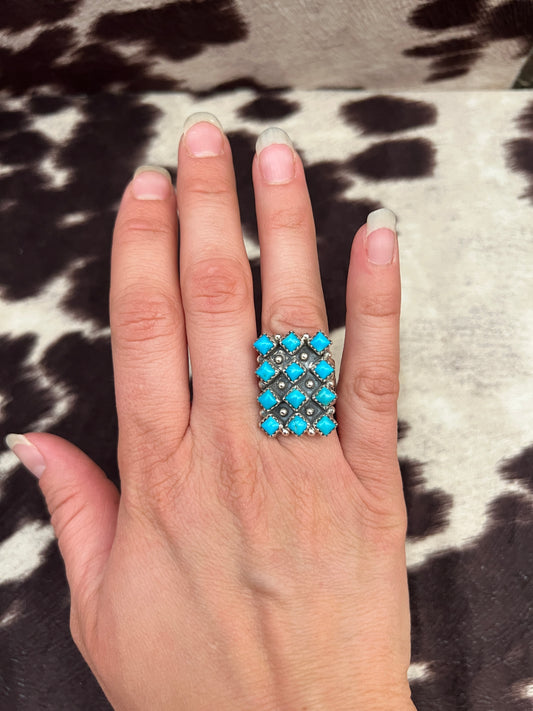 New diamond cluster turquoise stamped cigar band ring