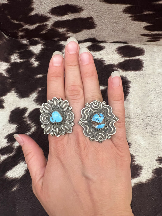 New golden hills turquoise stamped concho style rings