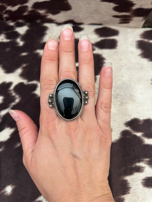 New giant black jet wide stamped band ring