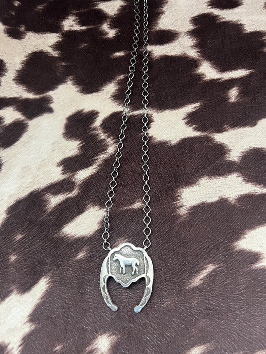 New silver horseshoe horse overlay necklace