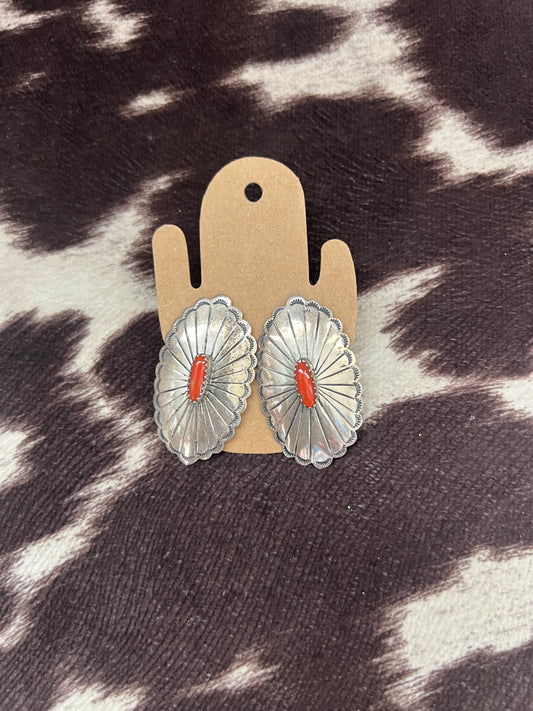 Vintage red coral concho stud earrings