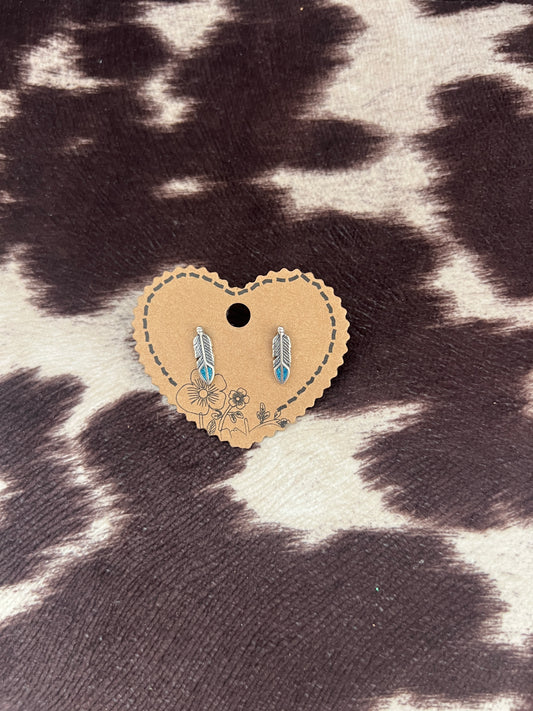 New turquoise chip inlay feather stud earrings