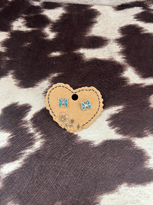 New chip inlay turquoise butterfly stud earrings